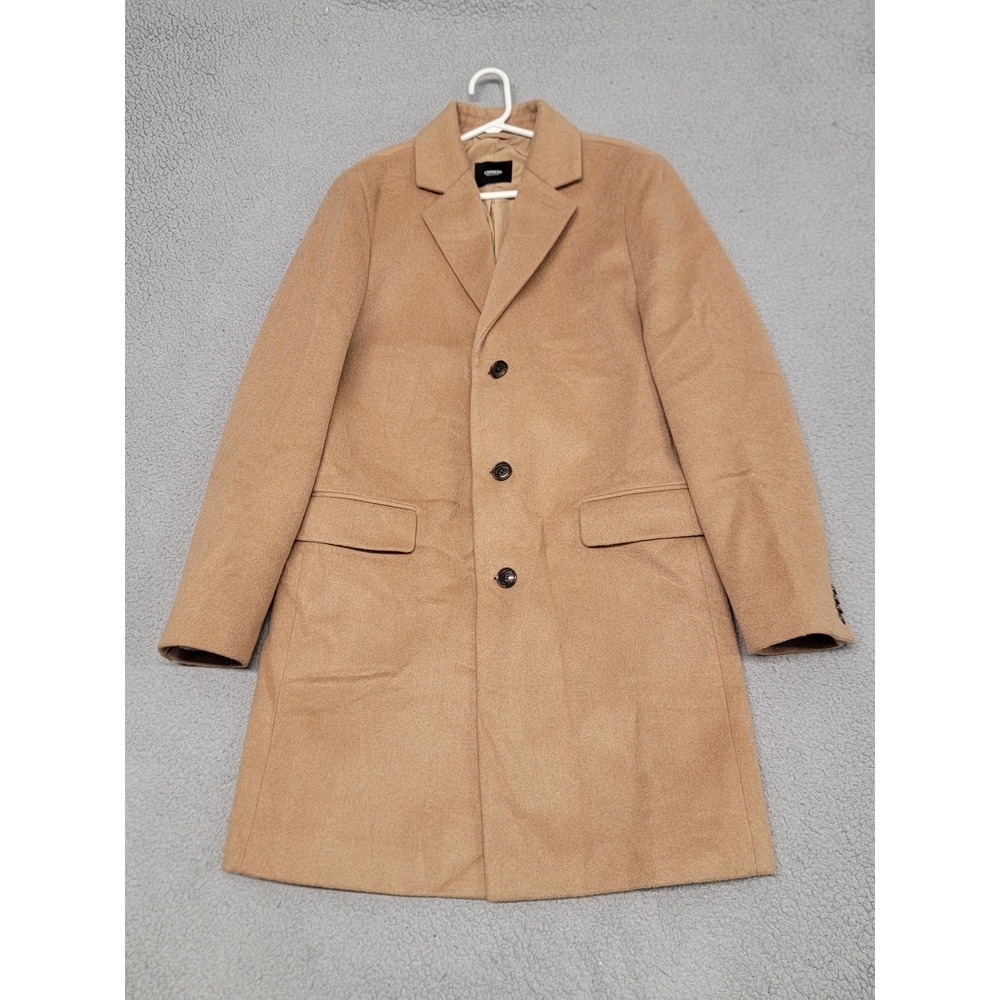 Express Coat Mens 40R Slim Beige Overcoat Single Breasted Lined Long Winter